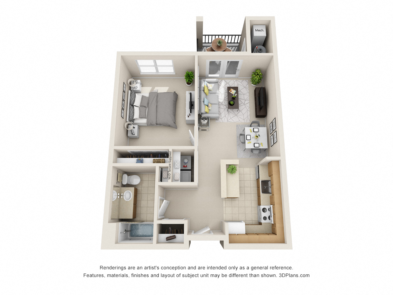 Floor plan for 1 bed, 1 bath, 720 sqft